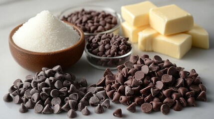 Assorted baking ingredients: chocolate chips and sugar