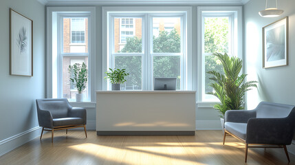 Obraz premium elegant office reception with modern decor and natural sunlight