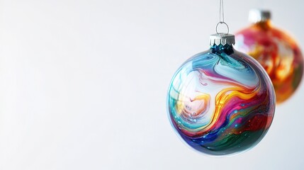 Fototapeta premium Unique hand-painted ornaments with vibrant, abstract designs, floating on a white isolated background, sharp focus on intricate brushstrokes, natural lighting, 32K resolution