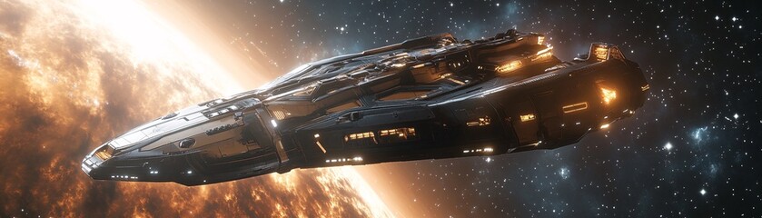 Fototapeta premium A massive AI-powered spaceship exploring the far reaches of the galaxy, advanced navigation systems, stars and nebulae in the distance