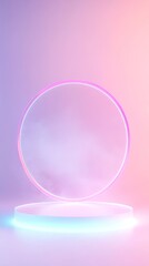 Obraz premium A serene glass podium surrounded by soft pastel glowing smoke effects for modern presentation and art displays