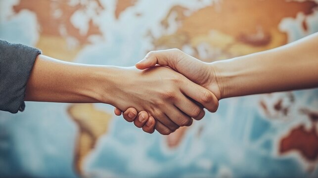 Apret&oacute;n de manos entre dos personas frente a un mapa, simbolizando acuerdo global, cooperaci&oacute;n y alianzas internacionales