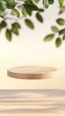 A floating wooden podium with a natural rough texture surrounded by lush greenery perfect for displaying unique artifacts or products