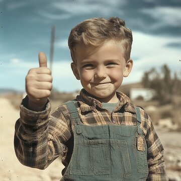 Ni&ntilde;o sonriente con overol y camisa a cuadros haciendo gesto de aprobaci&oacute;n con el pulgar arriba, d&iacute;a soleado