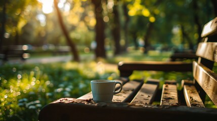 Fototapeta premium A quiet park bench with coffee novel and soft breeze rustling the pages