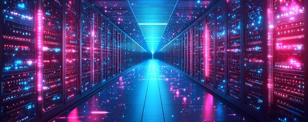 Obraz premium A vast AI-run data center, endless rows of servers, glowing lights, advanced cooling systems, a sense of immense power and knowledge