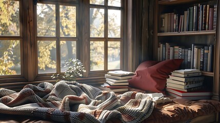 A quiet reading nook with soft blanket coffee and stack of mystery books