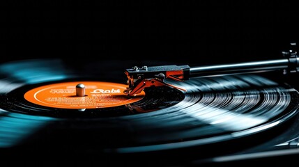 A close-up view of a spinning vinyl record on a turntable, showcasing intricate grooves and the stylus in action, highlighting the nostalgic charm of analog music in a dark environment.