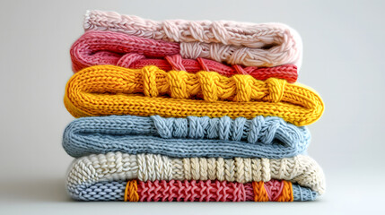 Stack of folded wool knitted baby clothes and accessories