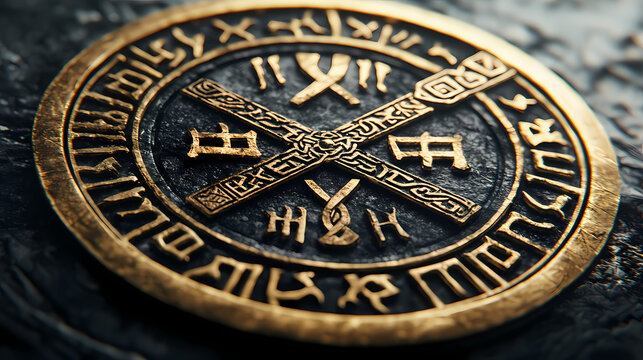 Intricate viking rune design with danish krone rendered. Ancient Viking Rune Carvings. Illustration