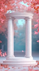 Naklejka premium Elegant cylindrical stone podium adorned with floral details surrounded by vibrant nature and serenity