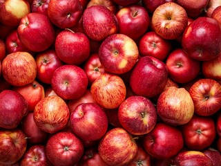 The image shows a pile of red apples in the supermarket. The apples have a glossy surface and are in focus.