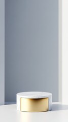Elegant display a cylindrical marble podium with a polished gold surface perfect for showcasing artistry and design in modern interiors