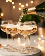 Elegant Pyramid of Champagne Glasses Filled to the Brim for Luxurious Celebrations and Events