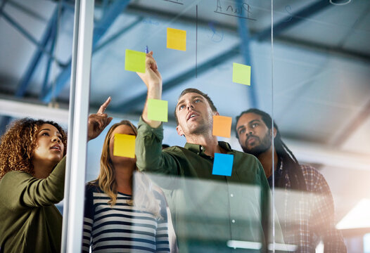 Thinking, business and people with notes on glass wall for planning, future ideas and creative schedule. Thoughts, team and brainstorming with mind map, information collaboration and project timeline