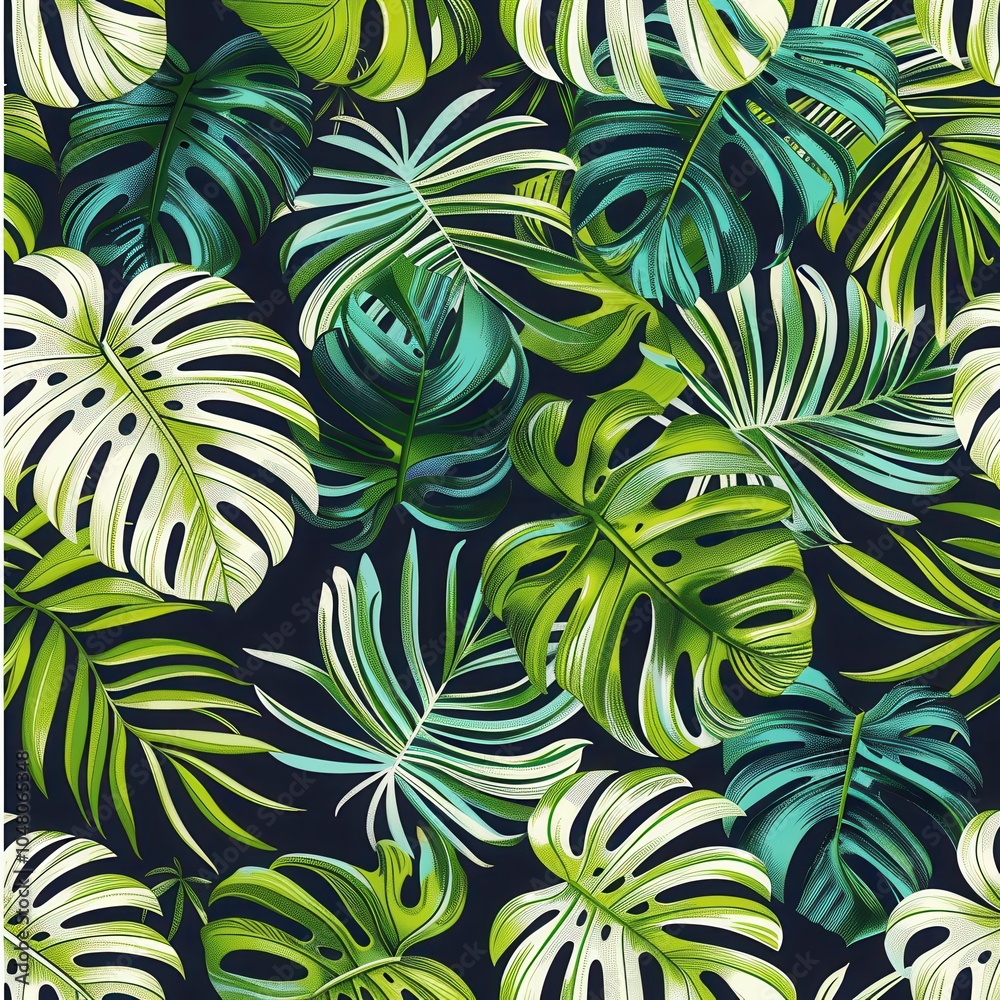 Poster a lively arrangement of tropical leaves in various shades of green creates a striking pattern agains