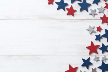 A white wooden background with red, blue, and silver stars forming an American patriotic pattern on the canvas.