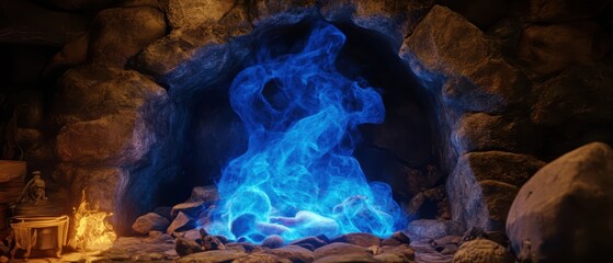 A mystical blue flame dances within a stone fireplace, surrounded by rugged stones, creating an enchanting and atmospheric glow.