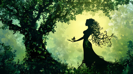 Majestic silhouette of a dryad, a nature spirit intertwined with an ancient mythical tree, set against the backdrop of a magical, lush forest in a fantasy art piece. Forest Dryad. Illustration