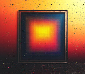 High-Resolution Abstract Pixelated Gradient in Red Yellow and Blue Dots on Black Background with Metal Frame in Pointillism Style for Modern Art
