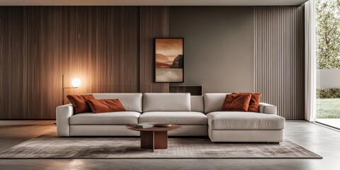A modern, minimalist living room featuring a cozy sectional sofa, warm tones, a stylish decorative painting, and sleek lighting.