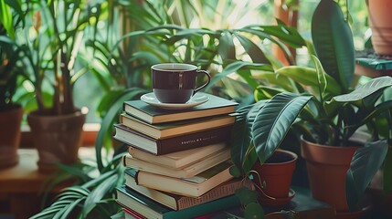 A stack of novels with a coffee cup on top surrounded by houseplants