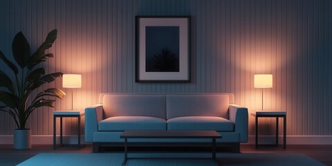 A cozy living room featuring a blue sofa, two lamps, a coffee table, a plant, and a blank framed picture, all illuminated softly in ambient light.