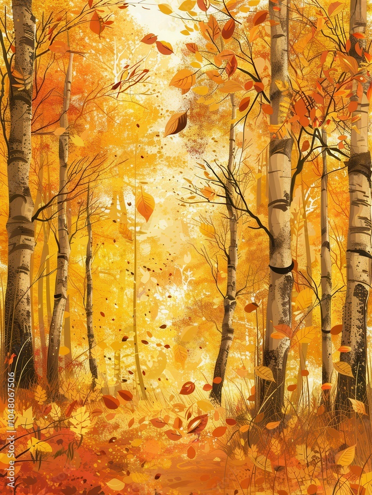 Poster a tranquil forest path is engulfed in vibrant autumn colors, with trees shedding bright leaves in a 