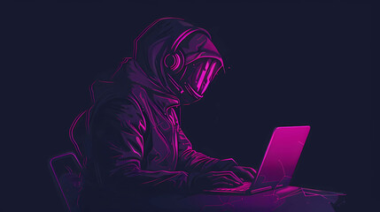 Abstract polygonal hacker with laptop on technology dark background. Cyber attack and cyber security concepts. Computer hacking. Digital technology. Man in hoodie. 3D low poly illustration.