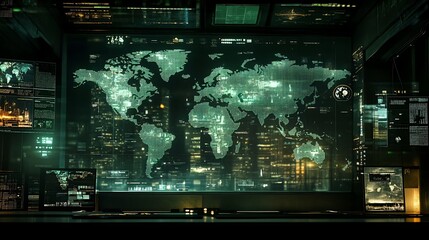 High-tech holographic world map floating above a digital interface
