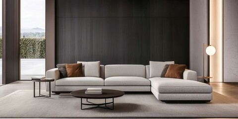 A modern, stylish living room featuring a spacious sofa, textured throw pillows, and minimalist decor, against a dark wall and natural light.