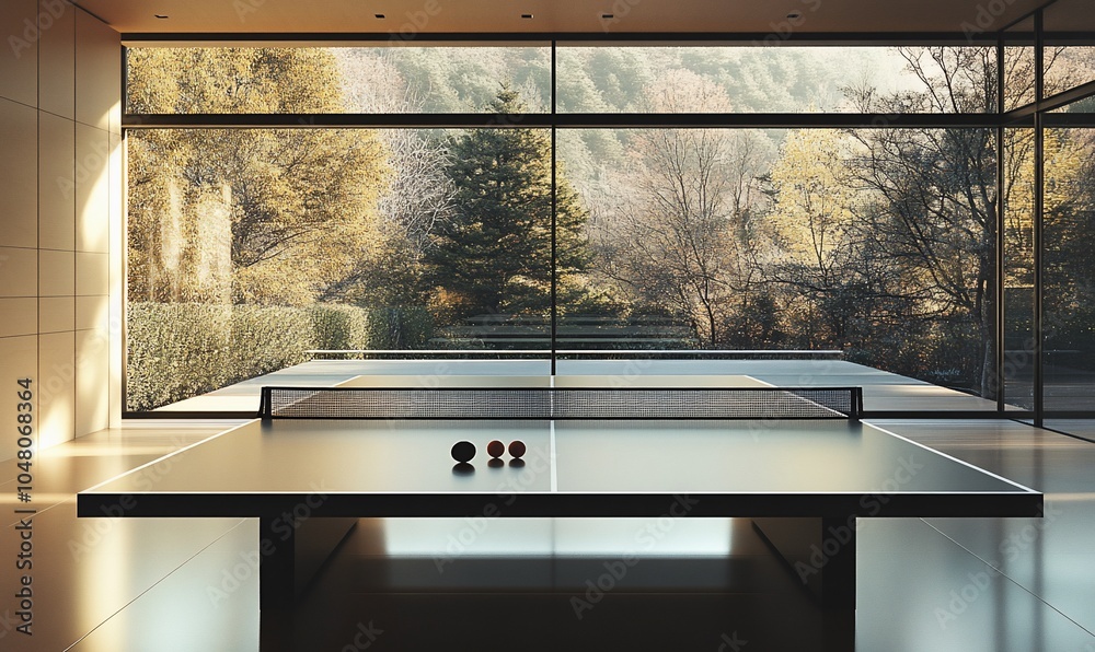 Aufkleber A ping pong table with three balls on the table. There is a large window behind the table that overlooks a green forest and mountains.