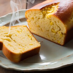 Show a tantalizing close-up of a warm, freshly baked golden corn bread, sliced in half to reveal the soft, moist, and slightly tender interior, with gentle wisps of steam rising from the cuts, carryin