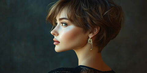 Fototapeta premium woman short hair. A portrait of a beautiful woman with short brown hair, wearing long golden earrings.