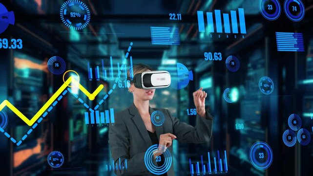 Businesswoman selecting digit dynamic market data scattering graph analysis monitor VR future global innovation interface digital infographic network technology visual hologram animation. Contraption.