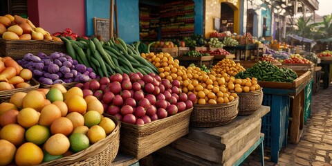 Obraz premium A vibrant market scene filled with colorful fruits and vegetables, arranged in baskets, showcasing fresh produce in an inviting setting.
