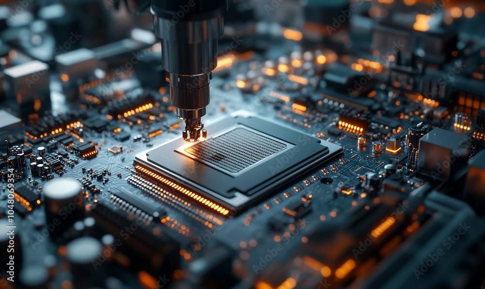 Poster a robotic arm carefully places a cpu chip onto a circuit board, with glowing lights highlighting the