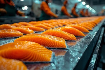 Fresh Salmon Filets on a Conveyor Belt in a Processing Plant