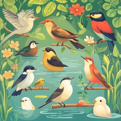 Fototapeta premium Colorful Illustrated Birds in a Natural Scene