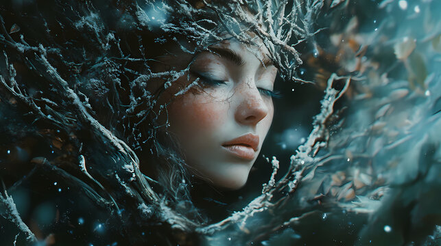 Mystical dryad with tree branches blending into forest. Forest Dryad. Illustration