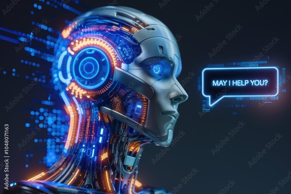 Poster futuristic ai robot with digital interface and speech bubble in neon lights, symbolizing advanced te