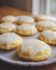 A plate of lemon-glazed cookies with a light drizzle and zest on top.