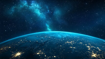 Obraz premium Night view of Earth from space with auroras glowing near the poles