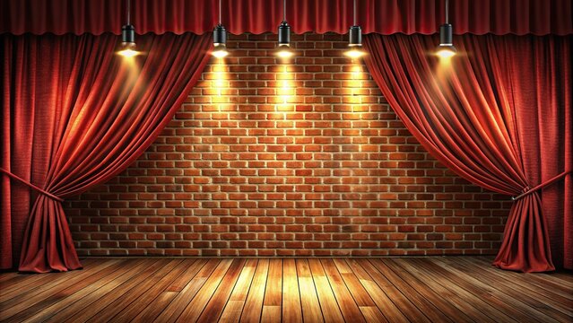 Theatrical stage with red curtains and spotlights