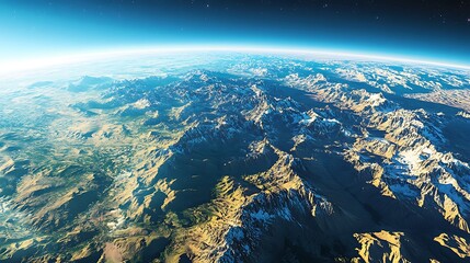 Satellite image showing Earthâ€™s surface with mountains, forests, and deserts in sharp detail