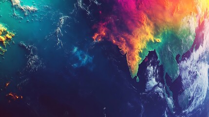 Satellite view of Earth showing the vibrant colors of oceans, landmasses, and cloud formations