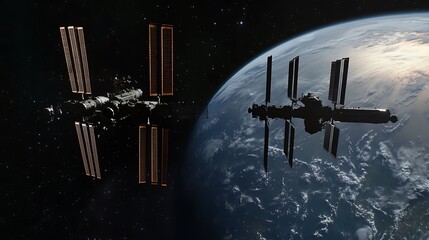 Space station in orbit with Earth in the background, continents faintly visible