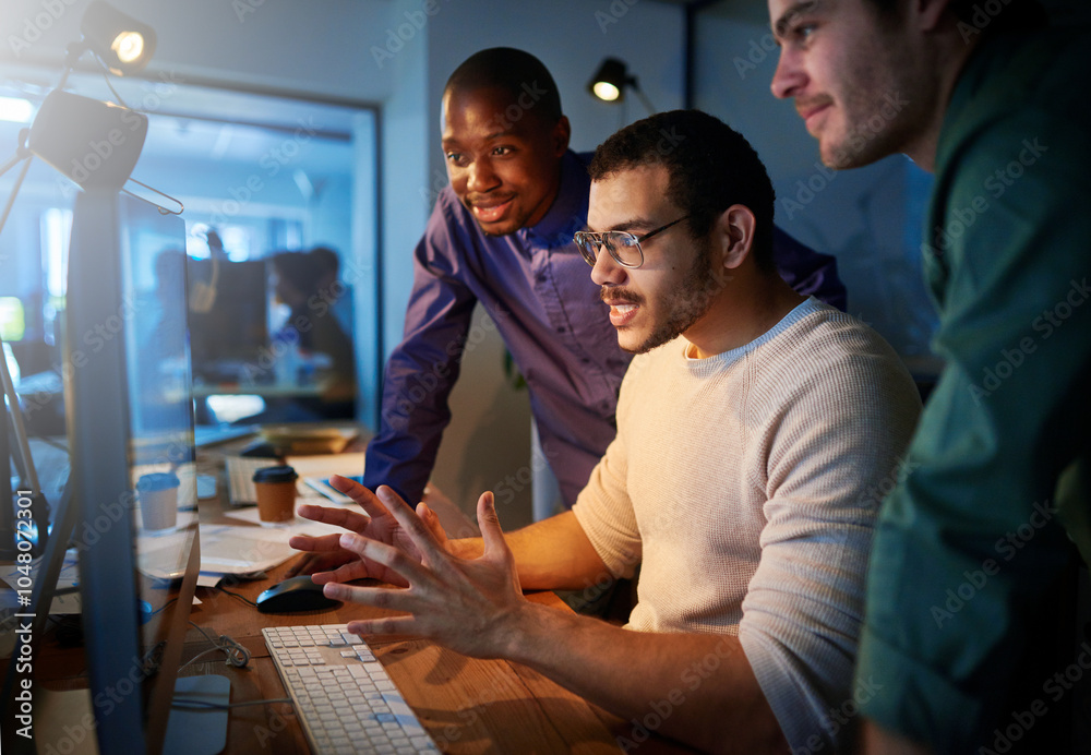 Poster Office, team and business people with discussion by monitor for server, launch and deployment. Programming, support and IT developer with tech at night for backend development, debugging and testing