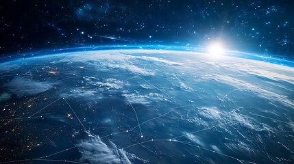 Earth viewed from space with visible weather patterns and satellite paths drawn in lines