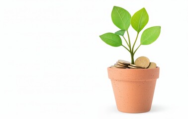 Green plant growing in a terracotta pot with coins, white isolate background